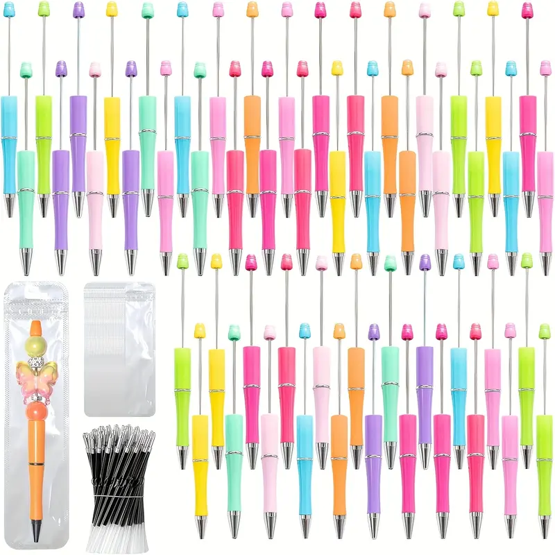 Unisex 150-Piece DIY Beadable Pen Set - 14cm/5.5 inches Refillable Smudge-Resistant Plastic Base Black Ink Ballpoint Pens, Refills, Storage Bags (50 Each), Colorful Decorative Charms for Jewelry Decoration, Journaling, Birthday Gifting