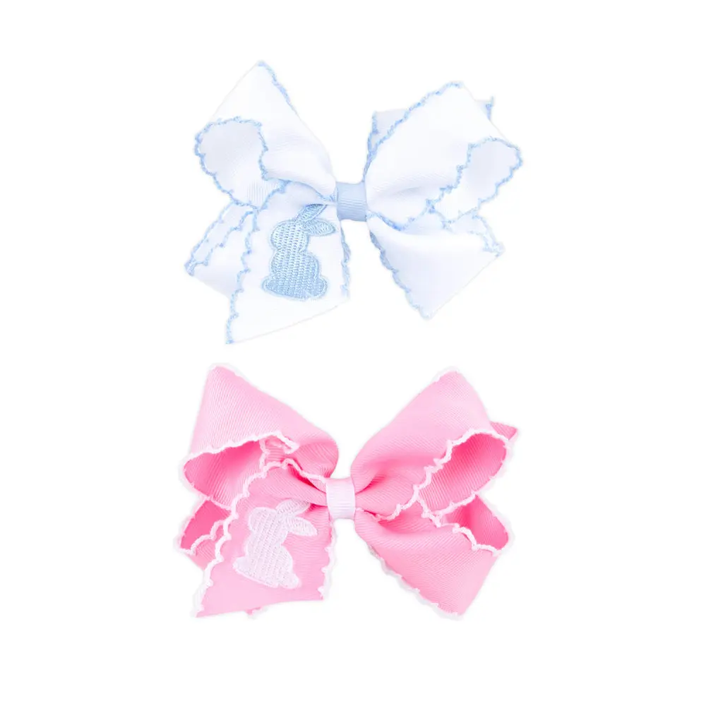 Easter Bunny Embroidered Moonstitch Hair Bow - Girls Grosgrain Ribbon Hair Accessory Easter Bunny Embroidered Moonstitch Hair Bow - Girls Grosgrain Ribbon Hair Accessory