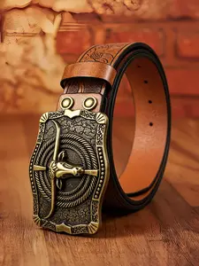 Unisex Western Sport-Style Belt, 3.7cm/1.46in Wide "Bull Head and Flower" Embossed Belt with "Circle-Pattern Bull Head" Alloy Retro Plate Buckle, Square, Suitable for Western Cowboys' Daily Wear and Sports, Halloween Gift.