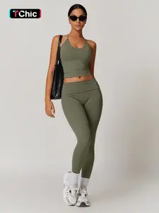 Two-Piece Set Women's Solid Backless Halter Crop Top & Fold Over Waist Leggings Tracksuit Set, Casual Sporty Breathable Outfits for Yoga Gym Workout Running, Ladies Sportswear for All Seasons, Valentine's Day Gift for Girl, Summer Activewear