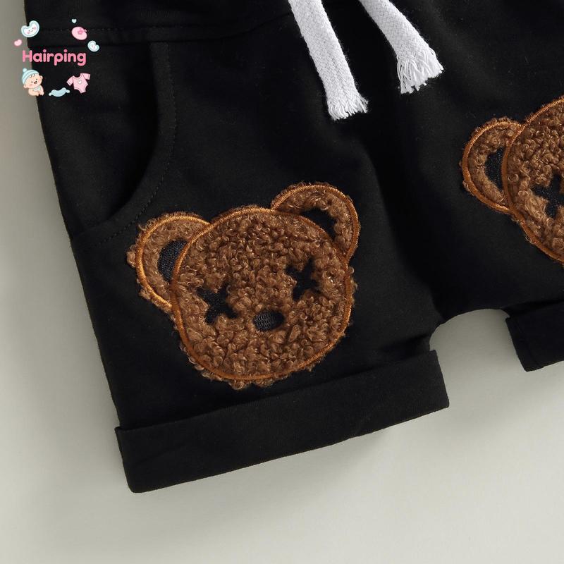 Baby Boys Summer 2-piece Outfits, Cartoon Bear Pattern Short Sleeve T-shirt and Casual Elastic Shorts Set, Casual Baby Boys Outfits