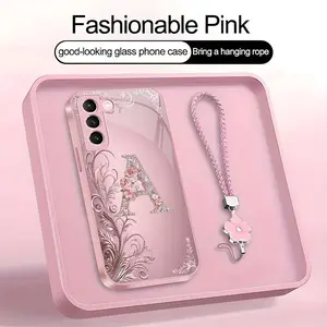Suitable for [Galaxy S21 5g] high-end women's phone case🤩，a beautiful four-leaf clover lanyard is included🍀，Exquisite floral print, non-3D rhinestones, 26 letters to choose from YM99