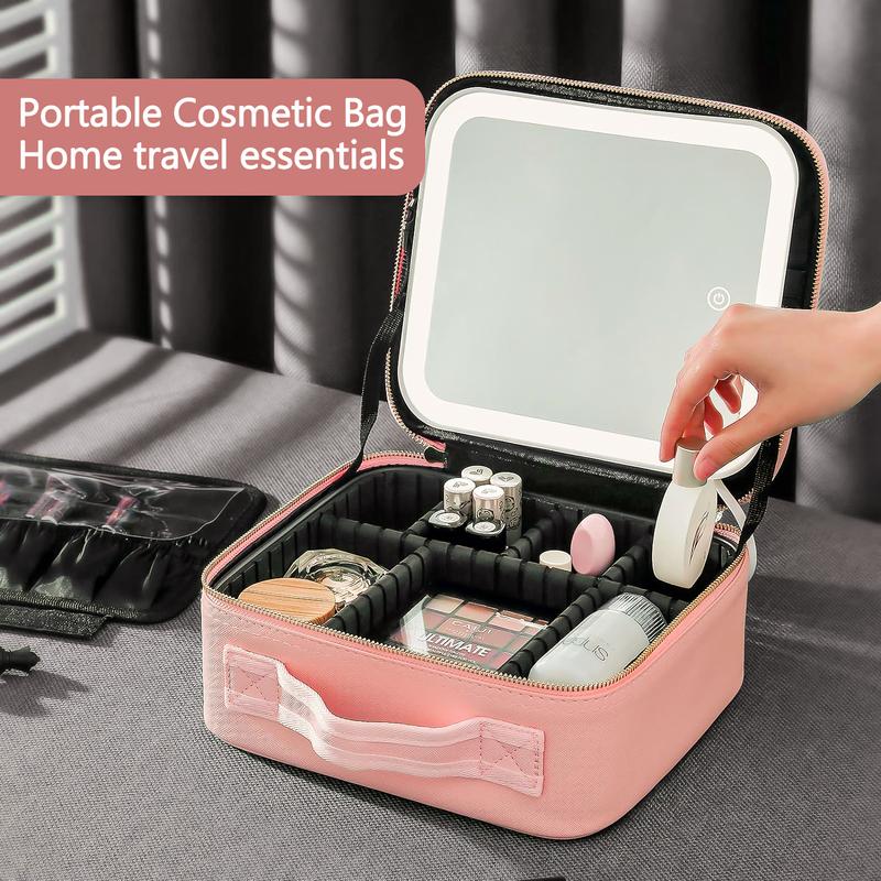 Travel Makeup Bag with Mirror & Light | Portable Cosmetic Organizer with Adjustable Dividers and Brush Storage