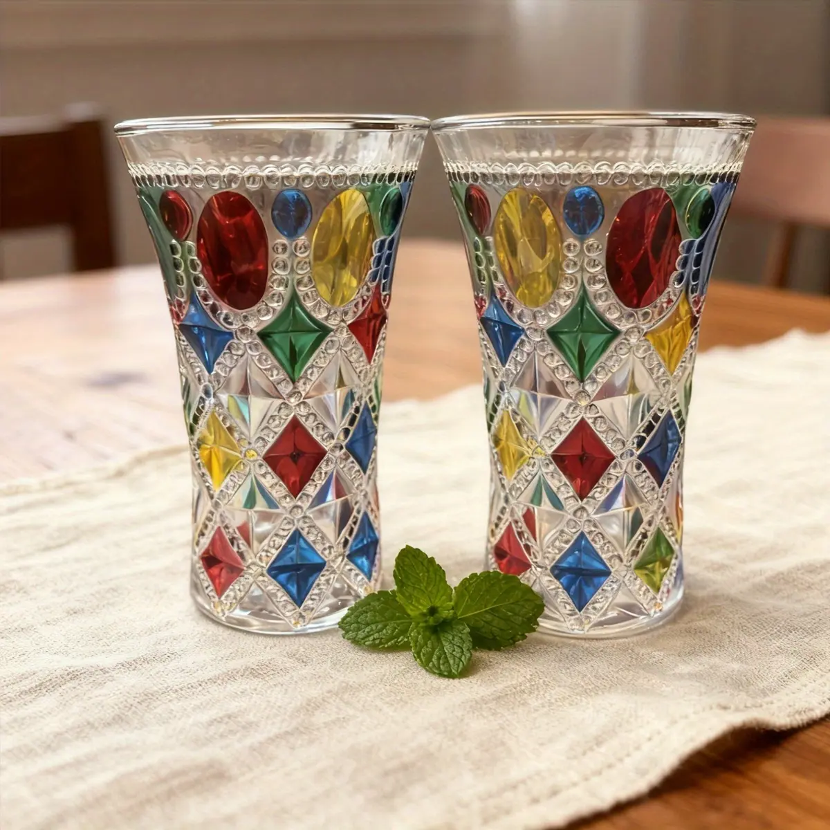 Lead-Free Glass Tumblers, 270ml/9oz Colorful Pattern Drinkware, Heavy-Duty Easy-Clean Whiskey Cups/Iced Tea Mugs for Home Bar, Holiday Gifts for Drink Enthusiasts