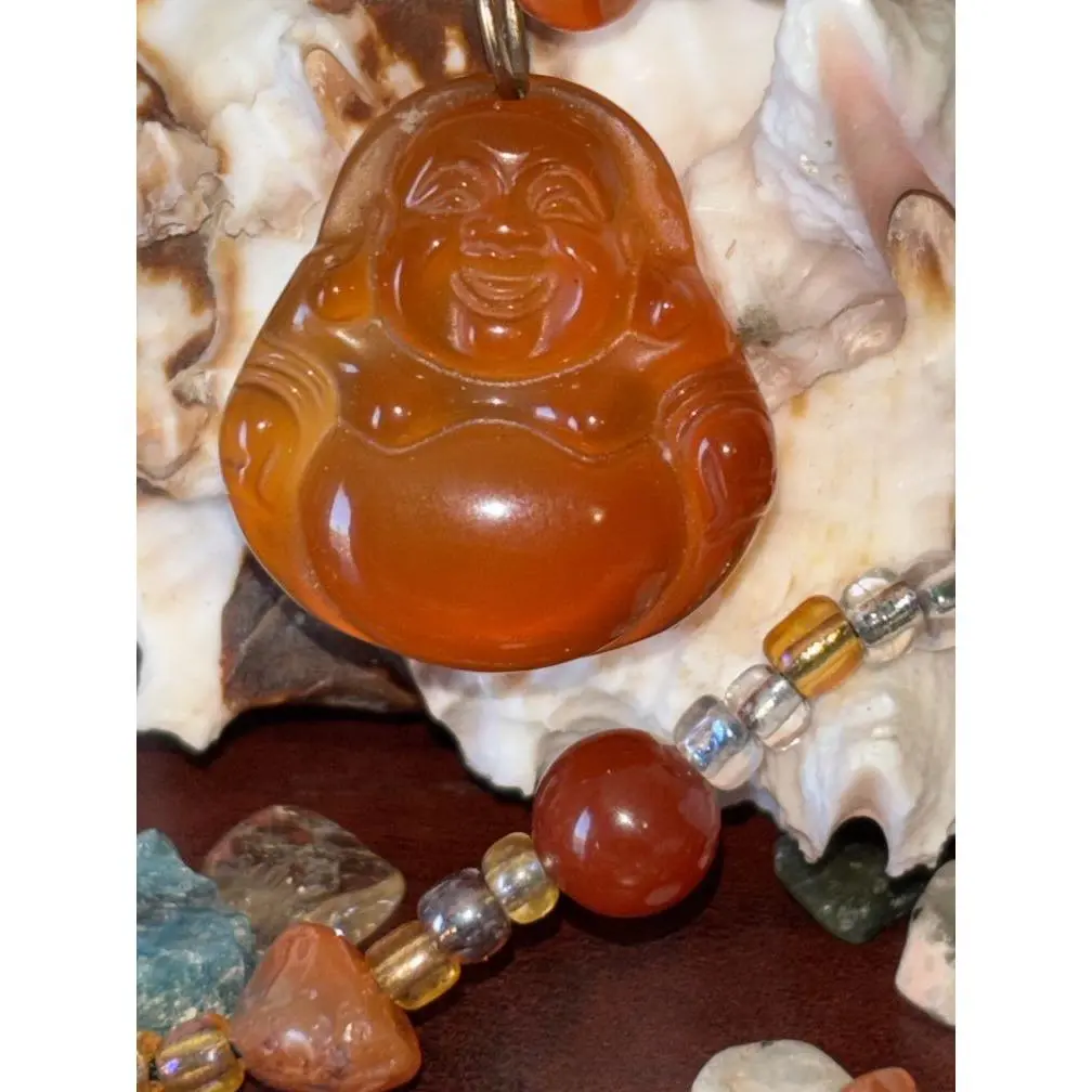Unisex Buddha Carved Carnelian Stone Pendant Necklace - Genuine Natural Crystal, Round Chip Beads, Glass Accents, Ideal for Beading, Beads Jewelry Making & Daily Wear