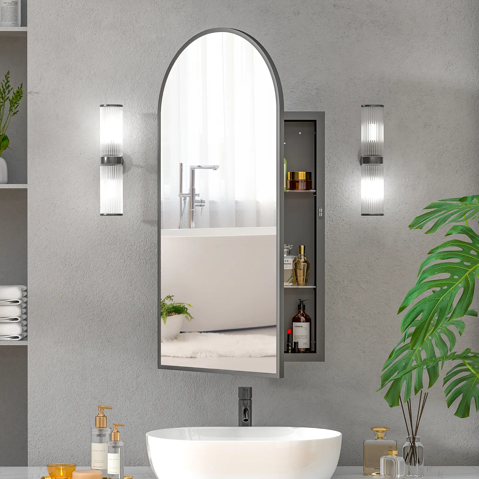 Mepplzian Black Arched Wall-Mounted Glass Medicine Cabinet - Single Unit Bathroom Accessory with Metal Frame, Waterproof Design, High-Transparency Mirror, 2 Adjustable Glass Shelves, Vanity Aesthetic, Partial Assembly for Bathroom, Hallway, Bathroom Acces