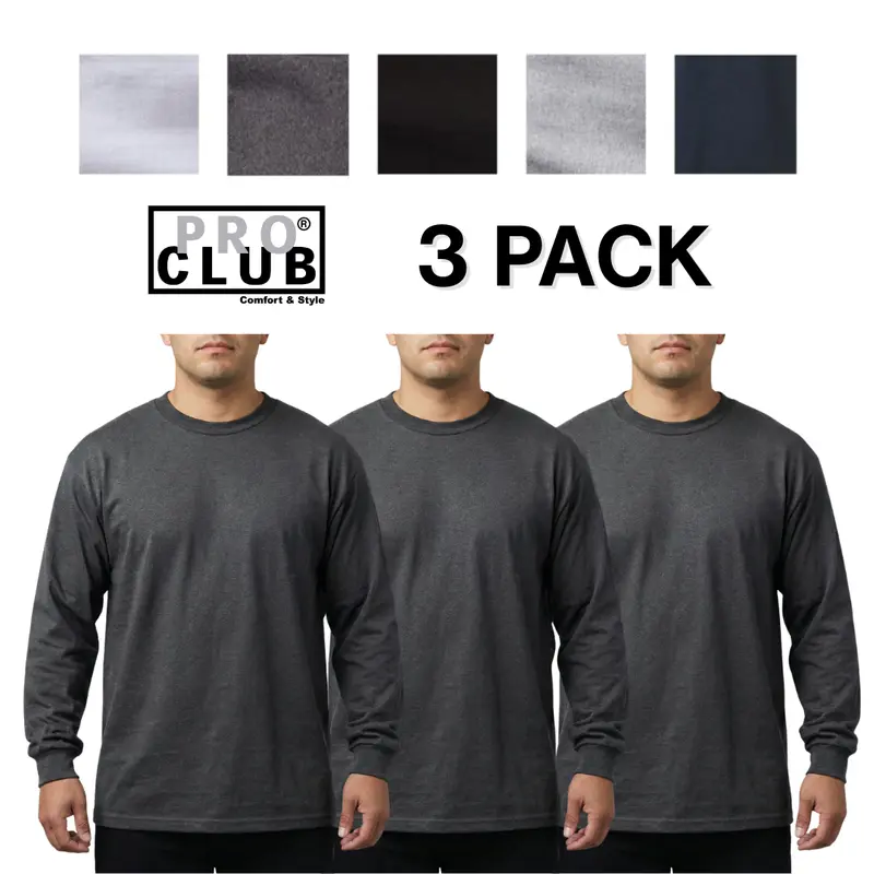 3 PACK Pro Club Men's Heavyweight Cotton Long Sleeve T-Shirt, Relaxed Fit Warm Casual T-Shirt, Hip Hop Style, S to 5XLT (Menswear)