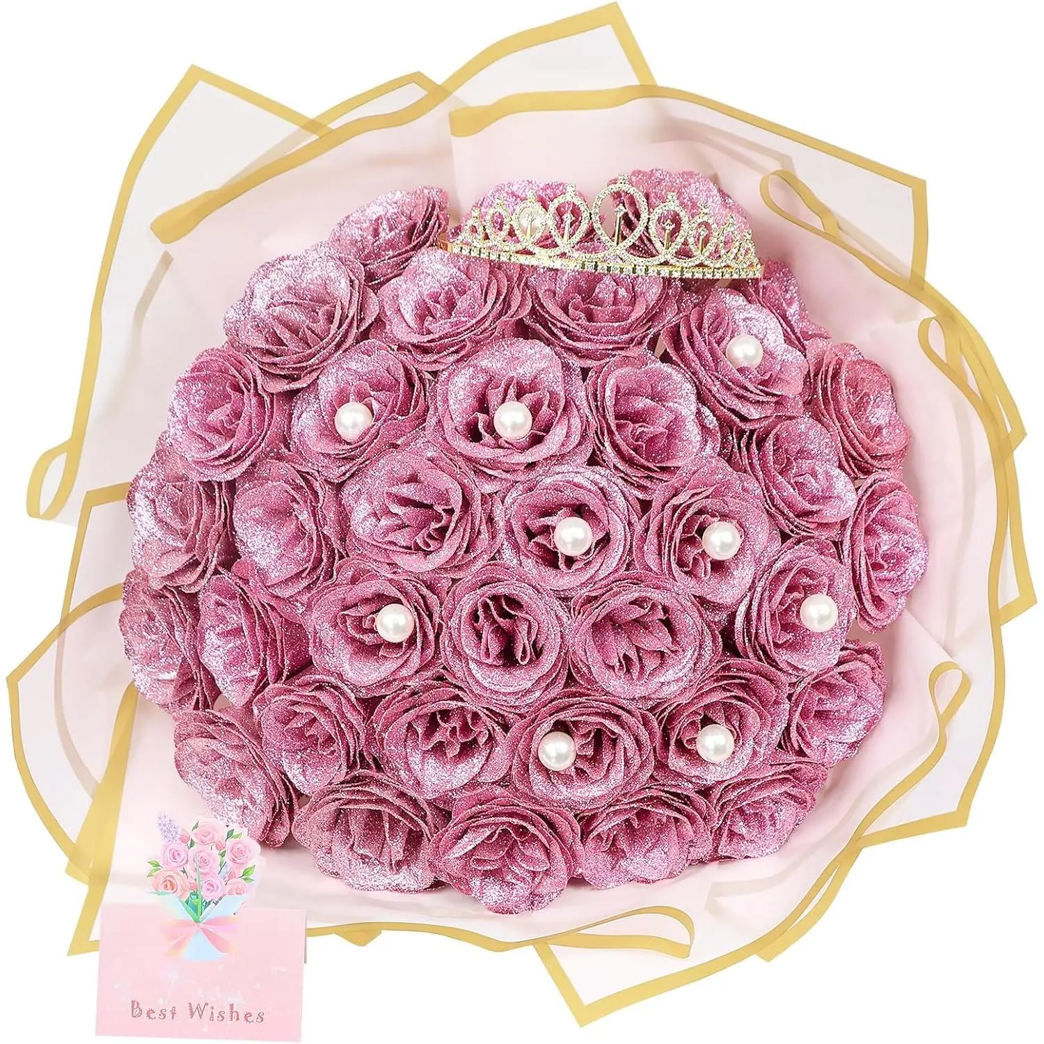 Artificial Glitter Roses Bouquet Pink Flower- 36 Pack DIY Glitter Eternal Bouquet Fake Shiny Floral Bouquet for Engagement Wedding Anniversary Birthday Mother's Day Gifts