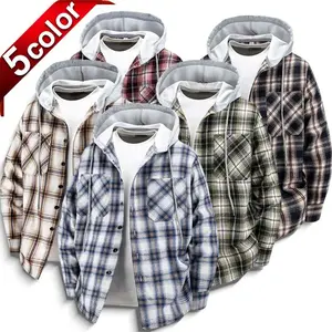Spring Autumn Men Hooded Plaid Shirt Jacket Casual Long Sleeve Coat, Menswear, Checked