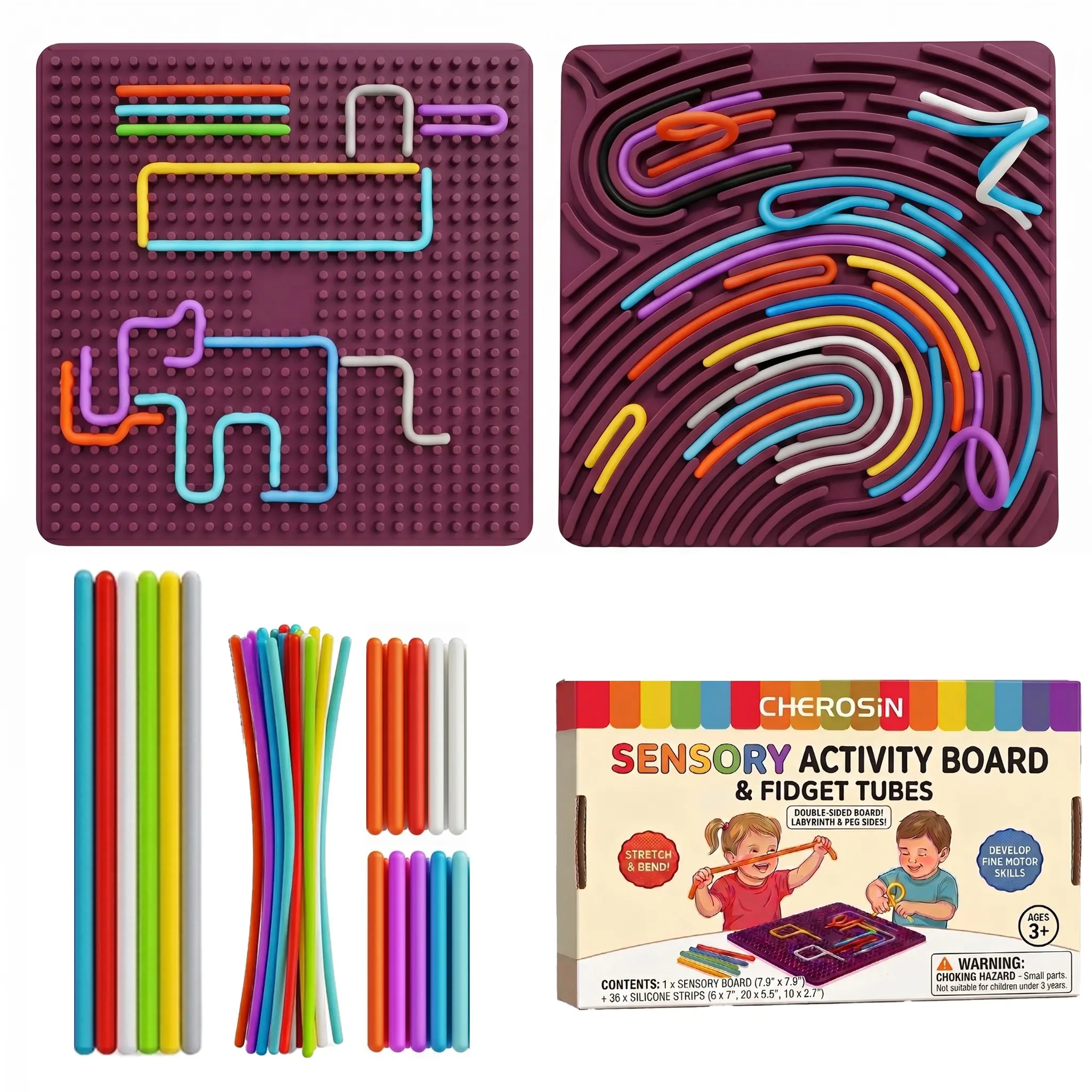 Large Sensory Activity Board, Silicone Fidget Toy for Autism, ADHD & Stress Relief, Double-Sided Quiet Montessori Fine Motor Skills Toy Gift for 3+ Kids, Adults with 36 Strips Portable Bag,Calming corner items kids,Airplane toys,Calm carry for kids