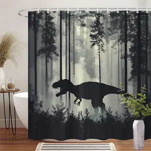 1Pc Dinosaur Themed Shower Curtain Polyester Fabric Bath Decor with T-Rex Silhouette in Forest Landscape Bathroom Hanging Curtain 70.8x70.8 Inch with 12 Hooks for Kids Room Decor