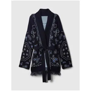 Print Knitted Tassel Short Sweater Women V-neck Full Sleeve Lace Up Cardigan 2025 Autumn Elegant Female Daily Casual Outerwear