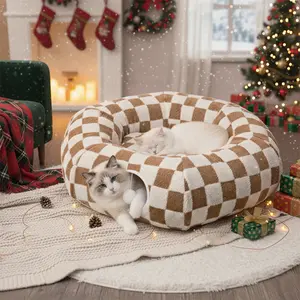 SmartWell Cat Tunnel Bed 2 In 1 Large Donut Round Plush Nest For Indoor Cats Washable Cushion Detachable Warm Cozy Winter House Under Christmas Tree Peekaboo Game Interactive Toy Puppy Kitten Cool Cat Stuff Calming red tree winter calming