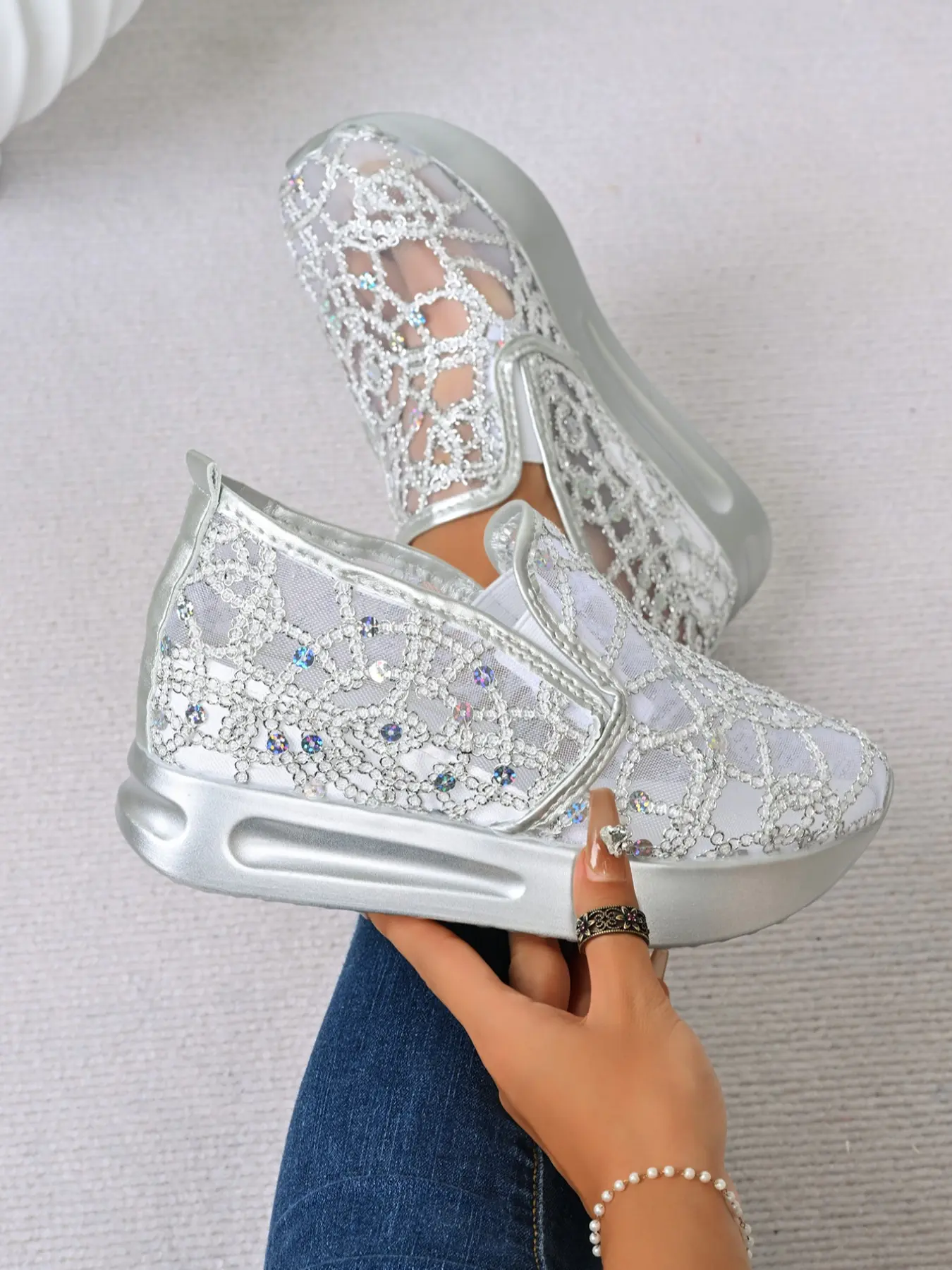 Plus Size Lace Mesh Breathable Spring Summer Women's Fashion Footwear Slip-On Sneakers, Casual Thick Sole Shoes Walking Shoes Sizes 36-44