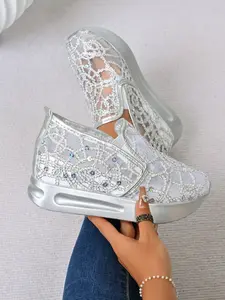 Plus Size Lace Mesh Breathable Spring Summer Women's Fashion Slip-On Sneakers, Casual Thick Sole Shoes Sizes 36-44