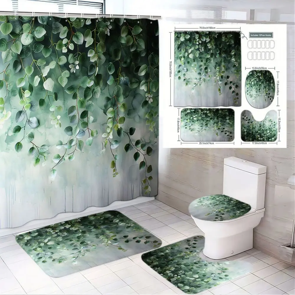 1/4pcs Eucalyptus Greenery Bathroom Set - Shower Curtain Sets, Toilet Seat Cover & 2 Bath Mats, Leaf Pattern, Light Gradient Background - Bathroom Decorations, Bathroom Decor And Accessories, Spring Decor, Easter, Housewarming Gift