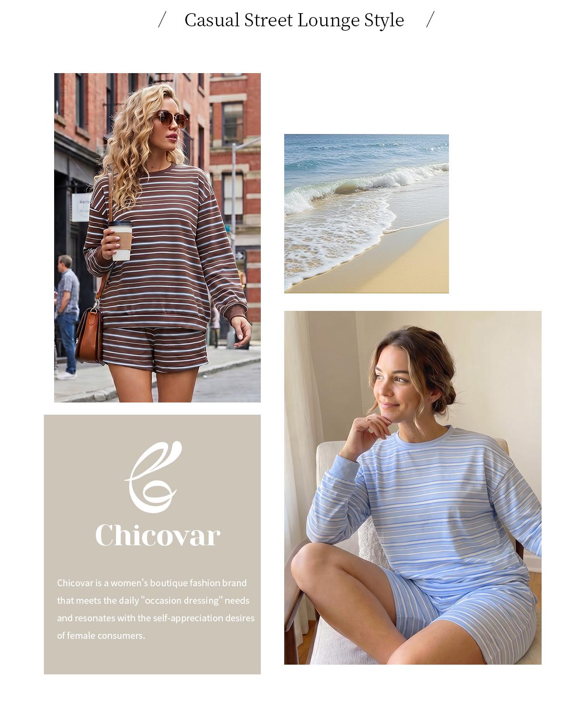 Chicovar Women's Striped Lounge Set, Oversized Long Sleeve Crewneck Top and Shorts Matching Set, Casual Relaxed Fit Two Piece Outfit, Comfy Everyday Loungewear #sohochic