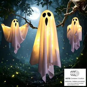 3-Pack 20-Inch Halloween Hanging Ghost Decorations, Warm LED Lights, Battery-Powered, Indoor/outdoor Party Decor, Includes 9 Batteries