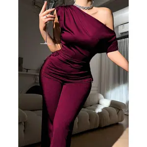 Women'sSolidColorAsymmetricNeckRuchedElegantJumpsuitBurgundyJumpsuitWomen'sSexy