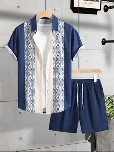 Men's Ethnic Floral Print Short Sleeve Pajama Two-piece Set, Regular Fit Casual Comfy Button Up Shirt & Drawstring Waist Shorts Pj Set, Pajama Sets, Men's Sleepwear for Summer, Cozy Lounge Set, Sleeping Clothes, Casual Pajamas Outfit