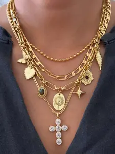 Fashion Multi-Layer Long Cross Pendant Necklace, Vintage Bow Heart Stack Design, Wholesale Lockbone Chain, Women's Jewelry, Bling Stylish Accessory, Fashion Jewelry Accessories, Boho Style Jewelry