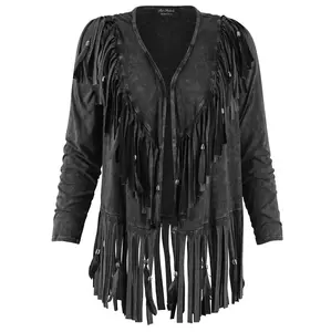 Short V Back Fringed and Feathered Jacket by Pat Dahnke -Black