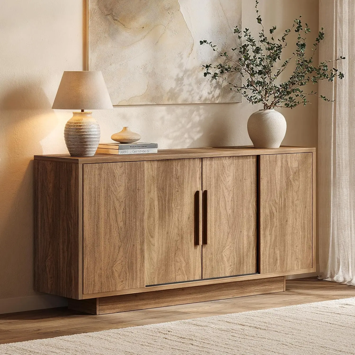 ModernMate 63'' Walnut Wood Sideboard Buffet Cabinet (2 Packages Shipping) - Wood Furniture with 4 Sliding Doors, Pedestal Base, Adjustable Shelf, Living Room Storage