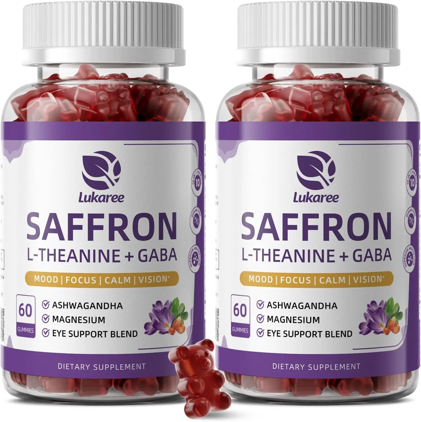 Saffron Gummies Extract 88.5mg with L-Theanine 200mg, GABA, 60CT, 2 Pack | 10-in-1 Mood Focus Vision Supplements for Adults w/ Ashwagandha, Lutein, GMP Certified, Sugar Free, Vegan, 60 Day Supply