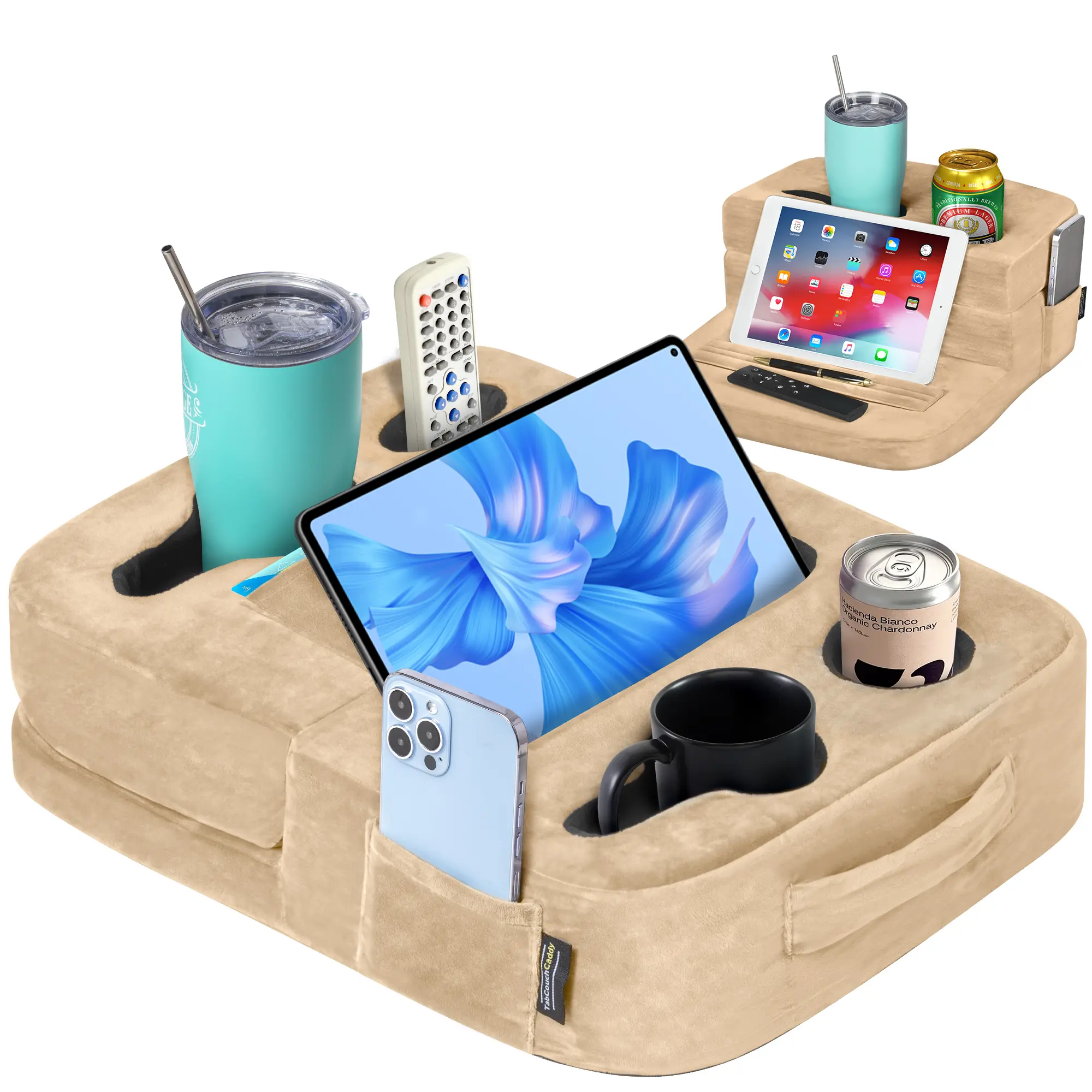 TabCouchCaddy - Couch Cup & Tablet Holder for Couch, Bed, Car, Tablet & Book Holder, Sofa Organizer Caddy for Drinks, Snacks, RV & Car, Tablet Pillow Stand, iPad & Galaxy Tab Compatible (Beige) laptop stand