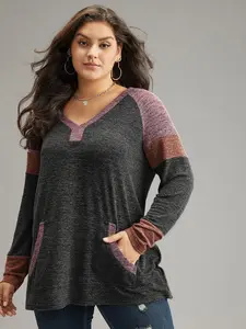 BLOOMCHIC Women's Plus Size Spandex Basic Long Sleeve T-Shirt - Contrast Pocket Raglan, Flat Fit, Streetwear Clothes, 2026 Mother's Day Pick [M-6X] for Summer Vibes,summerwins,Summer wins,Deals for you days Fabric Womenswear Garment