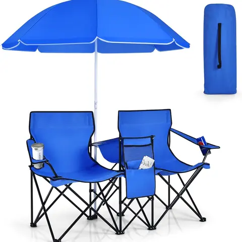 Folding Double Camping Chair with Detachable Umbrella - Lightweight Foldable Ergonomic Beach Chair Set, Outdoor Stuff for Adults with Cooler Bag, Beverage Holder, Carry Bag