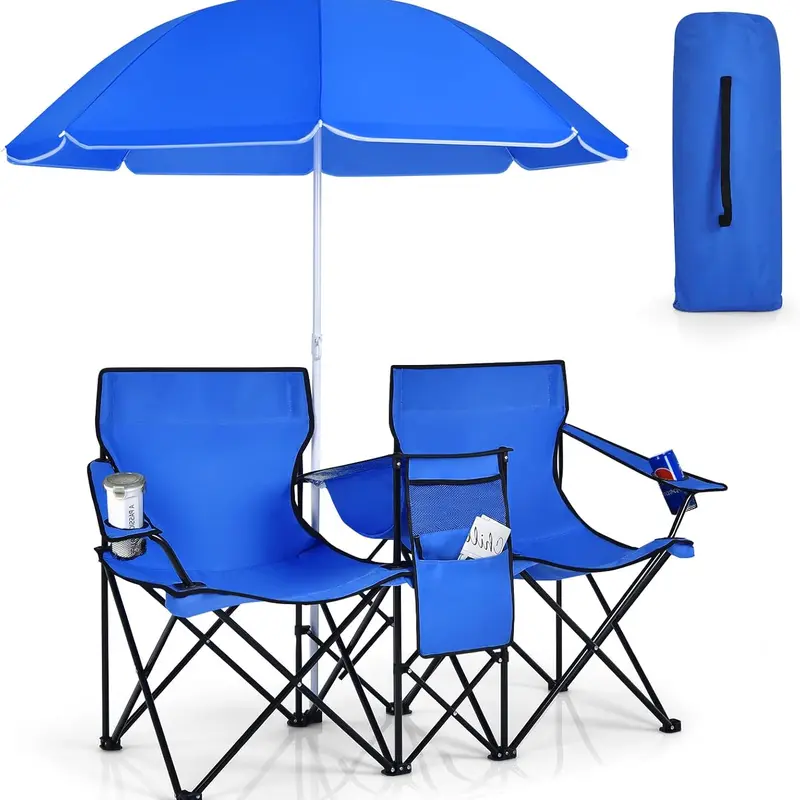 Folding Double Camping Chair with Detachable Umbrella - Lightweight Foldable Ergonomic Beach Chair Set, Outdoor Stuff for Adults with Cooler Bag, Beverage Holder, Carry Bag