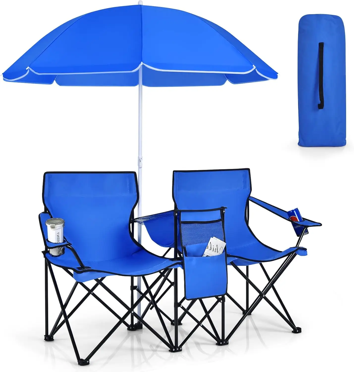 Double Portable Picnic Chairs, Folding Camping Chairs Detachable Umbrella, Cooler Bag, Cup for Beach, Camping, and Outdoor Events