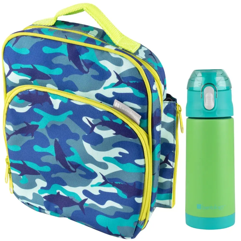 Bentology Blue Camo Insulated Lunchbox Kit w Blue Green 13 Ounce Water Bottle - Kids Thermal Lunch Bag w Handle- Easy to Clean Water-Resistant- Mini Cooler Tote- Back to School