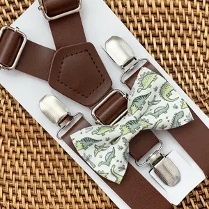Green Dinosaur Bow Tie & Dark Brown Vegan Suspenders Set