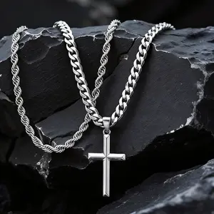 2pcs/set Cross Necklace for Men -Double Layered Cross Pendant Necklaces Waterproof Stainless Steel Cuban Link Rope Chain  Necklace Stack Jewelry 21.65&23.62 Inches