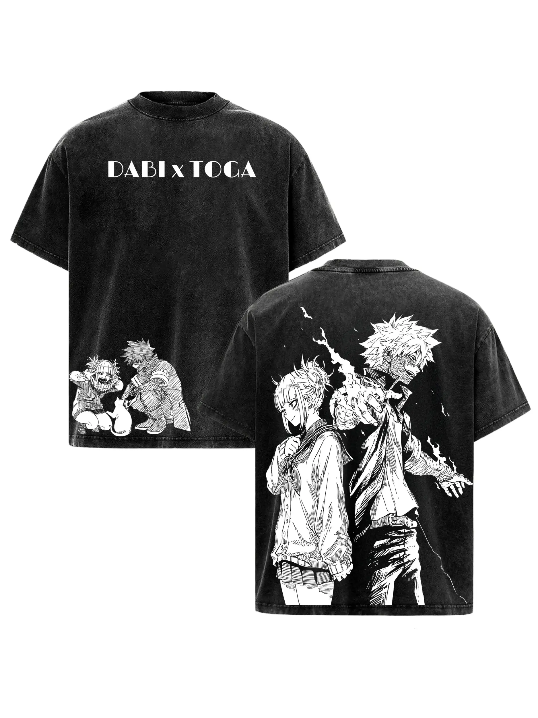Oversized Vintage T-Shirt with My Hero Academia Dabi & Toga Graphic, Heavy Cotton Casual Short Sleeve Streetwear Top for Anime Fans, Tshirt, Shortsleeve, Fit, Style, Foldable, Graphic Print, Gothic Retro, Dark Manga, Stylish, Tee, Unisex, Menswear