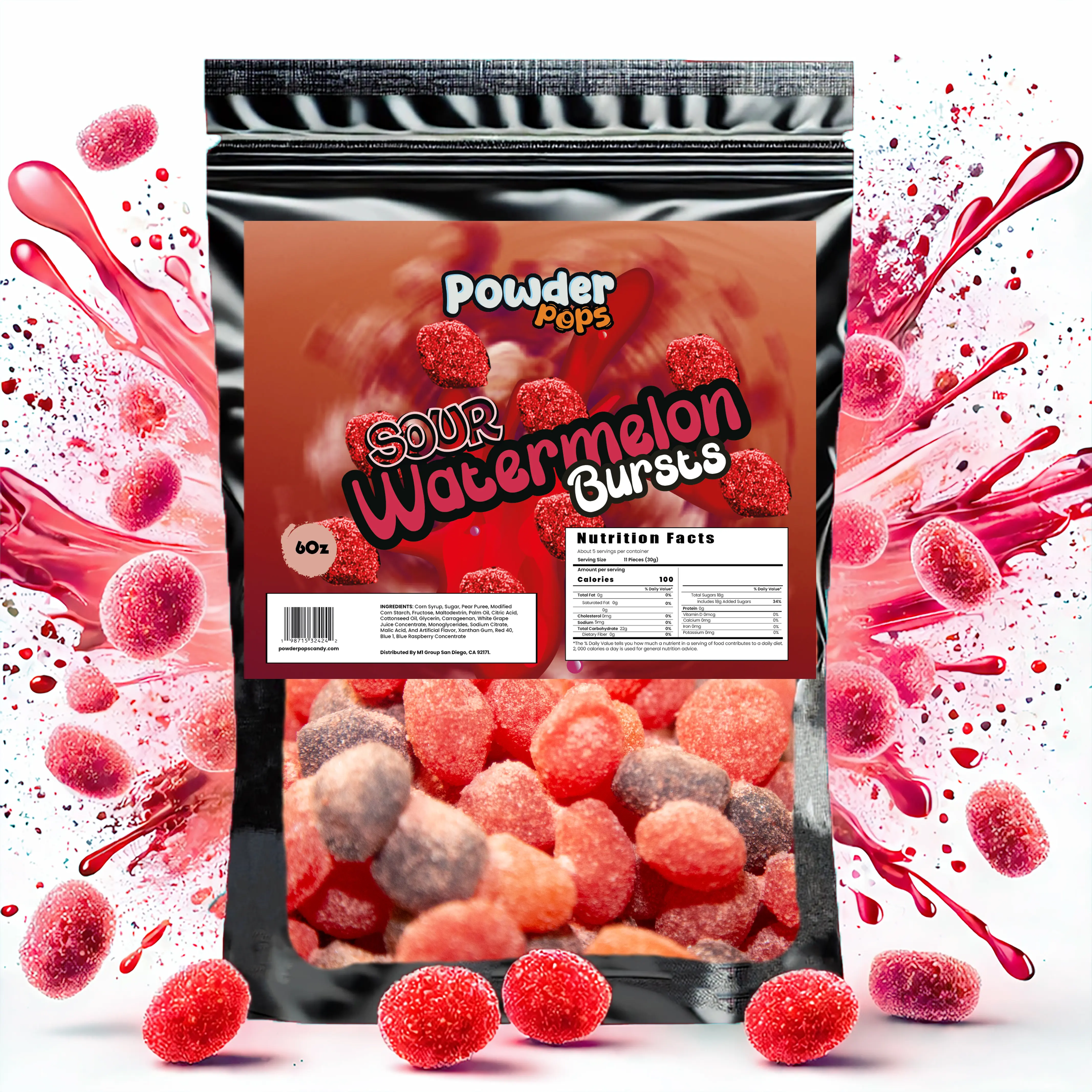 PowderPops Sour Watermelon Gusher Bursts Viral Candy 6OZ Sweet & Sour Snack