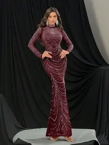 Elegant Burgundy Mermaid Evening Gown High Neck Sheer Sleeve Hotfix Rhinestone Formal Dress for Women's Wear Perfect for Galas Weddings - Birthday, Womenswear