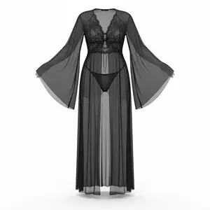 Radiant She Plus Size Long Lingerie Set - Sexy Bell Sleeve Sheer Nightgown with High Slit Skirt - 3-Piece Floral Lace Bodysuit & Robe Set