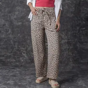 Khaki Leopard Printed Drawstring Elastic Waistband Pocketed Wide Leg Jeans