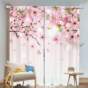 2Pcs Romantic Pink Sakura Print Curtains for Living Room Bedroom Window Treatment Home Decor, Soft Aesthetic Drapes Translucent tube bag design