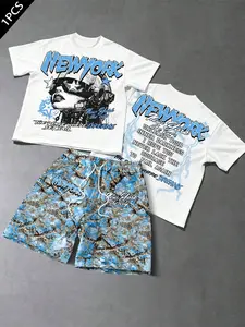 American Street Style New York Portrait Print T-Shirt and Shorts Set, Unisex Casual Two-Piece, Fitted All over Print Suit