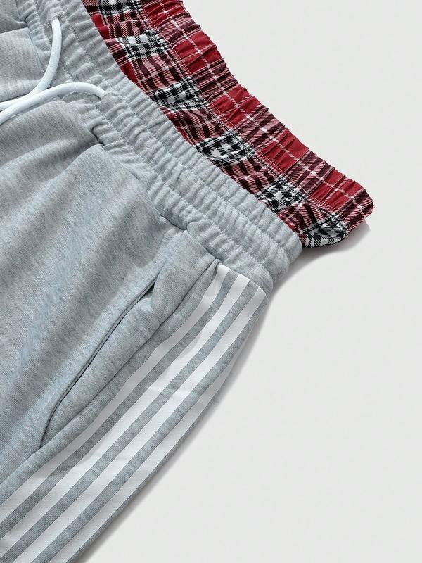 Unisex Gray Jogger Pants with Plaid Waistband and Red Heart LOS ANGELES Graphic, Athletic Casual Sweatpants for Streetwear and Lounge, Wide Sweatpants