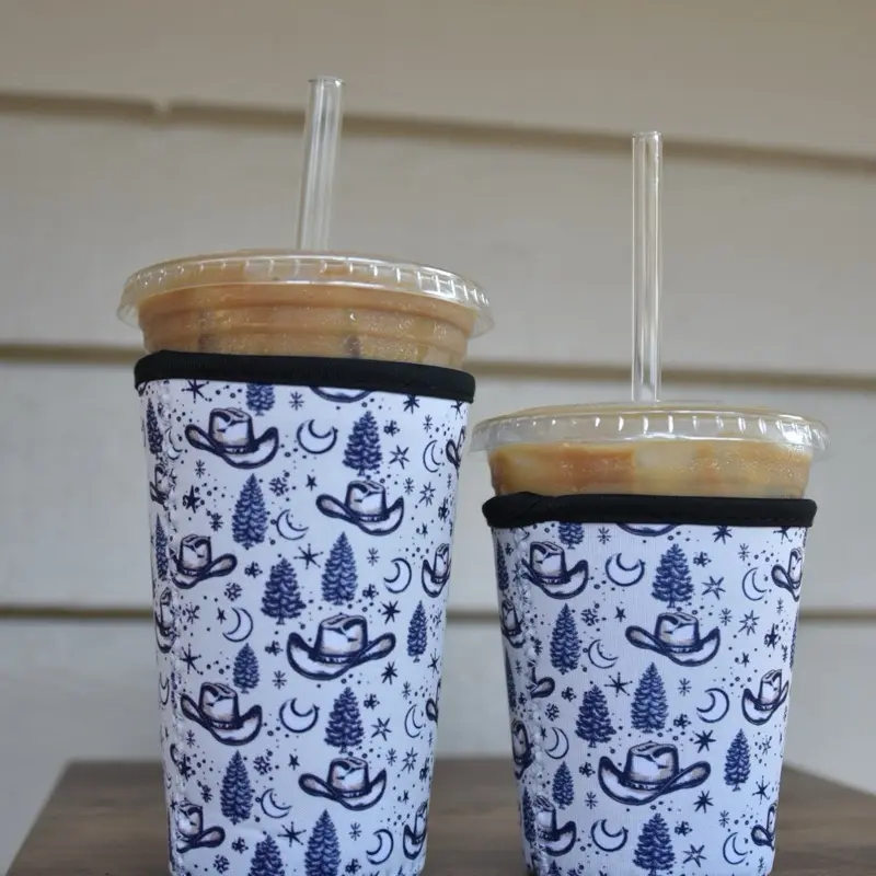 Cowboy Hat & Stars Coffee Sleeve - Reusable Neoprene Iced Coffee Cup Cover for 16-24oz Cups - Eco-Friendly Insulated Drink Sleeve with Western Print