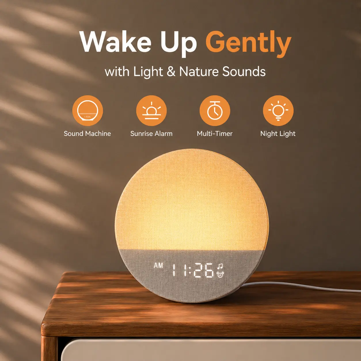 Dreamegg Digital Wall Clock - Sunrise Alarm Clock, Sound Machine, White Noise Device, Night Light & Aesthetic Home Decor Piece