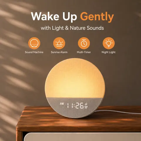 Dreamegg Multifunctional Alarm Clock - Decorative Wall Clock with Sunrise Alarm, Audio Sound Machine, Color-Changing Illuminated Design, Adjustable Intensity Night Light, Bedroom Sleep Aid (Home Supplies)