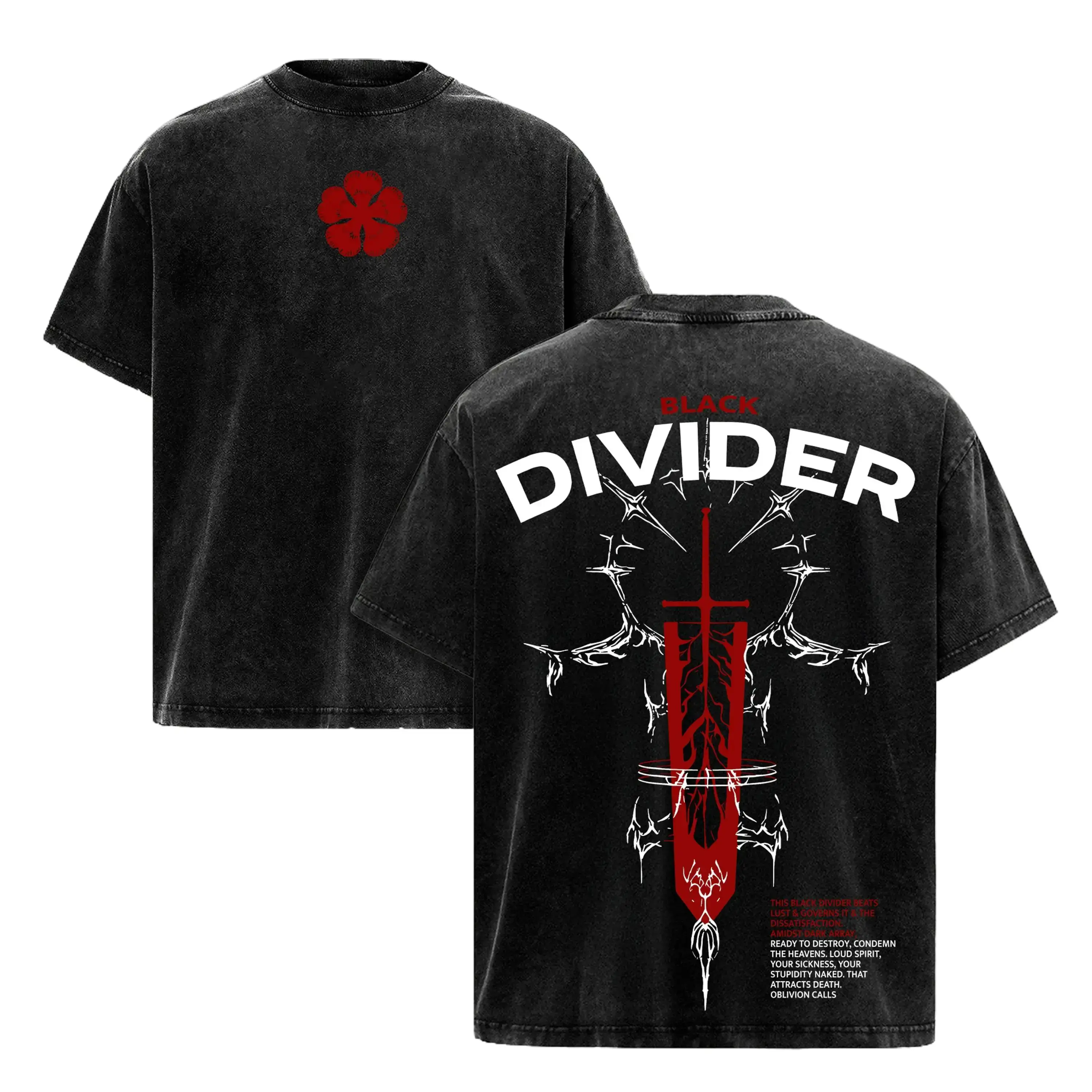 Black Divider Asta Tee Washed – Black Clover Demon-Destroyer Sword Vintage Washed Heavy Cotton Oversized Anime Manga T-Shirt, Retro Unisex Streetwear Graphic Top, Anti-Magic Devil Union Edition,  Option