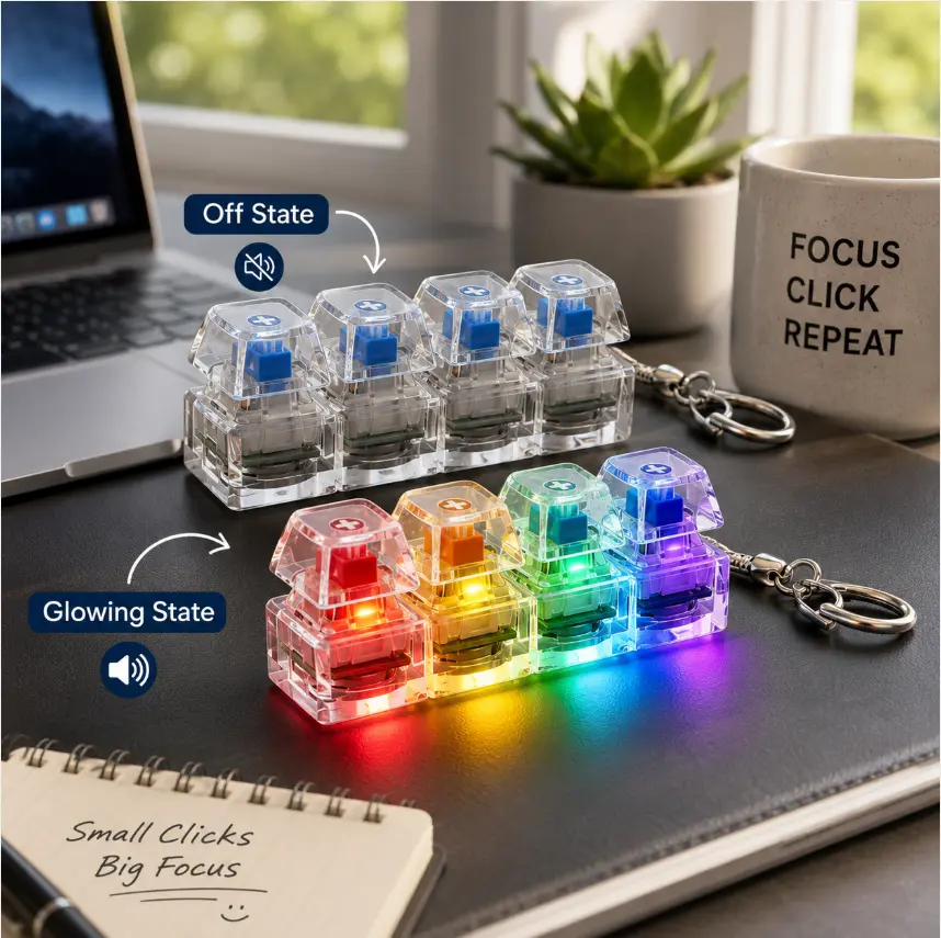 LED Keyboard Fidget Toy Four In One Finger Clicker Toy Glowing Mechanical Keyboard Clicker Stress Relief Fidget Toy Silent Desk Toy Neon Sensory Toy Anxiety Relief Office Desk Accessory Viral Finds Must Have Teens Adults Gift