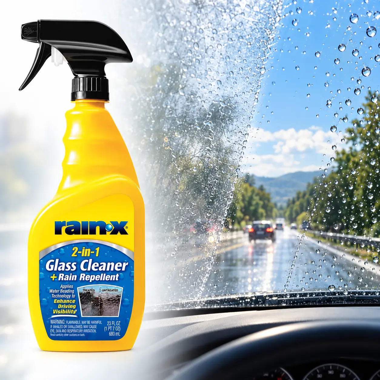 Rain-X Glass Cleaner, 23 oz. Container Size, windshield cleaner, bug remover, ice prevention, road spray removal, sleet cleaner, snow melt spray, exterior glass cleaner, fast-acting formula, streak-free shine, high visibility, driving safety, side window
